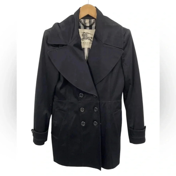 Burberry London Authenticated Black Cotton Blend Womens Pea Coat Size 8 - Picture 1 of 16